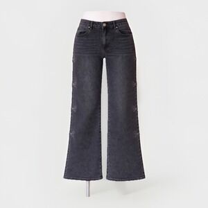 Madden Women's Black Wide Leg Denim Jeans Embroidered Y2K Coquette Denim Size 13